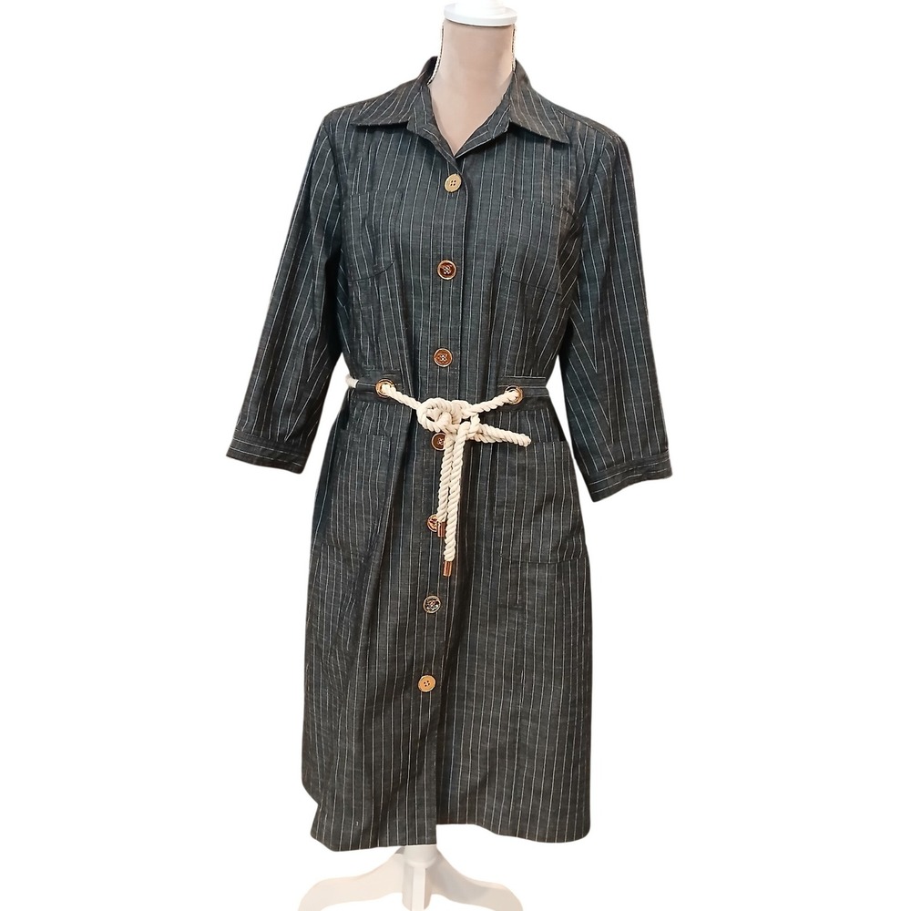 DONCASTER SPORT Womens Pinstripe Button Front Belted Shirt Dress Midi 16 Preppy